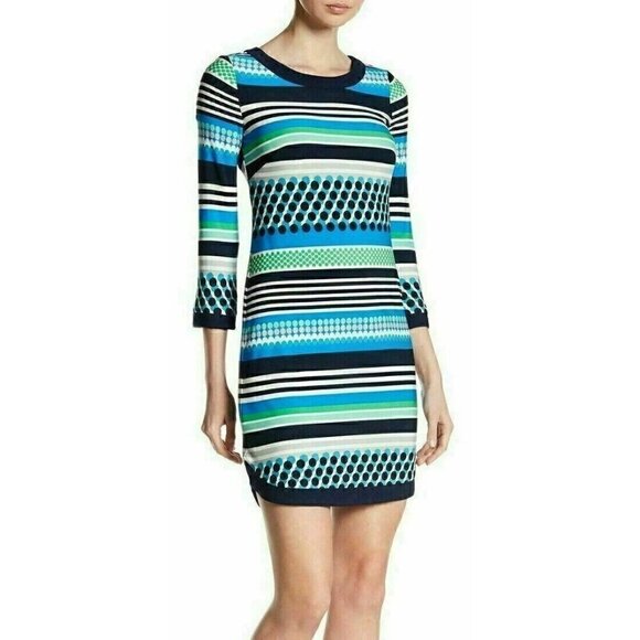 Vince Camuto Dresses & Skirts - Vince Camuto Womens Blue Jersey Dotted Stripe Crew neck Mini Dress Size 14
